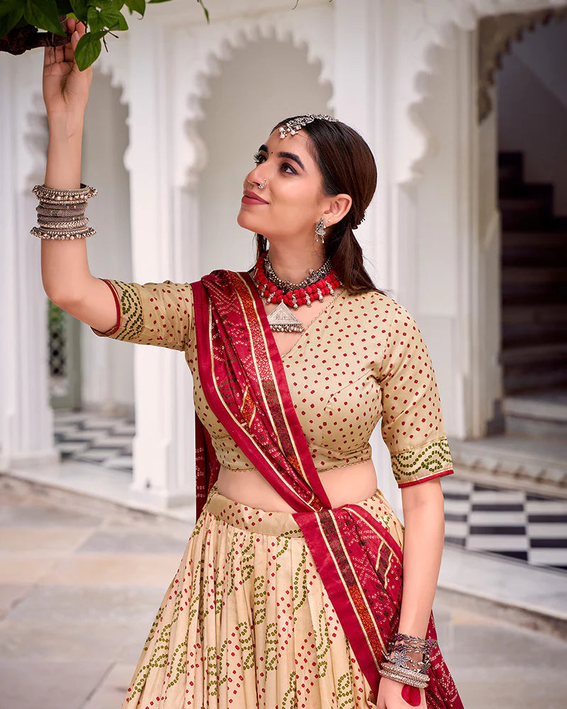 Womenline Elegant Off-White Color Tussar Silk Bandhej Navratri Lehenga Choli