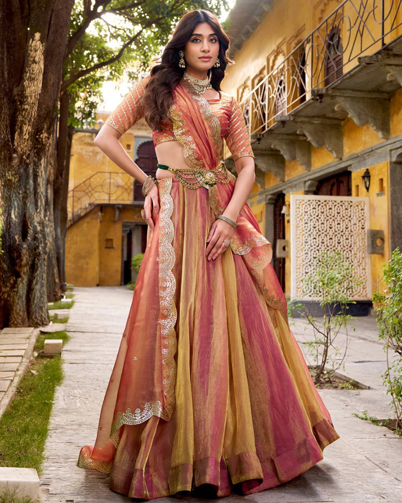 Womenline Pink Color Carika Silk Embroidered Lehenga Choli