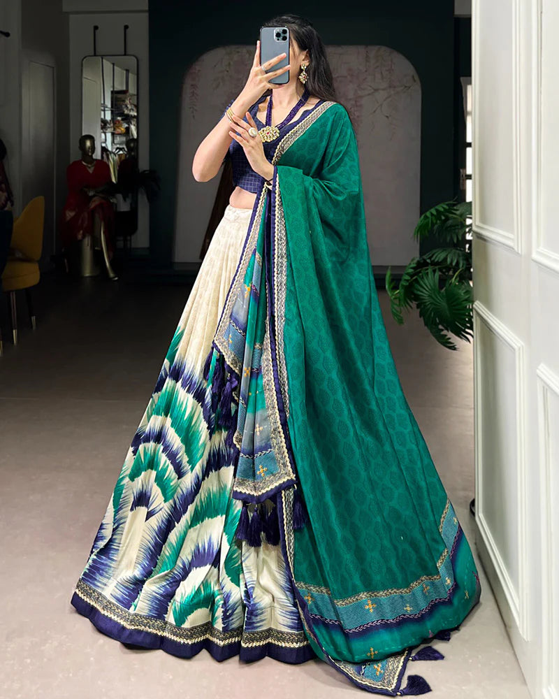 Womenline Navy Blue Color Tasar Silk Dye Printed Lehenga Choli