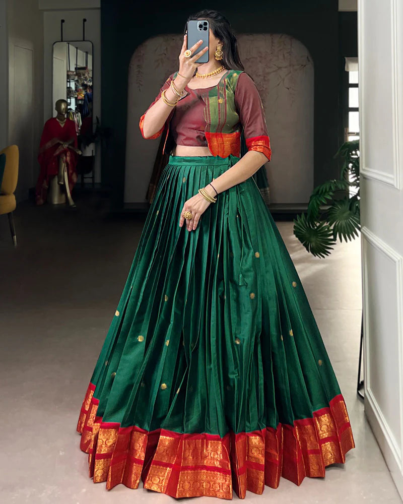 Womenline Green Color Poly Cotton Zari Weaving Lehenga Choli