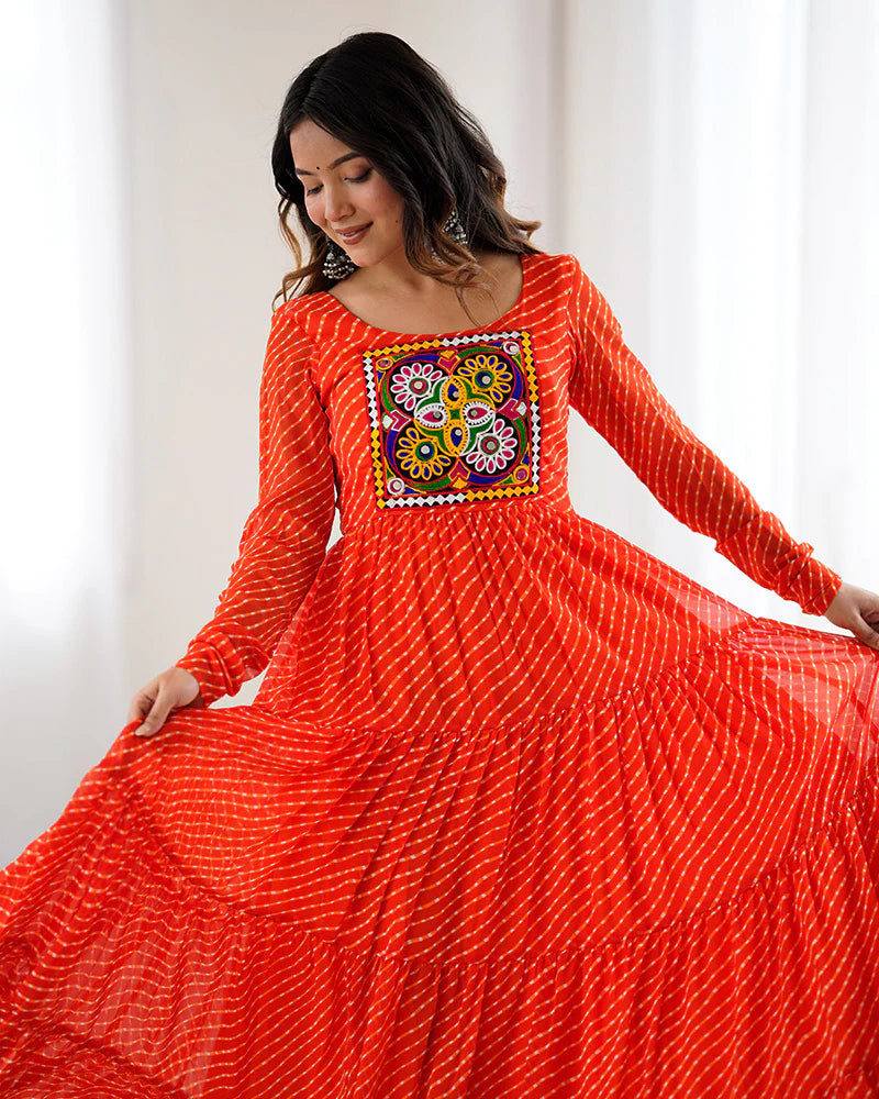 Womenline Orange Color Georgette Laheriya Print Navratri Gown