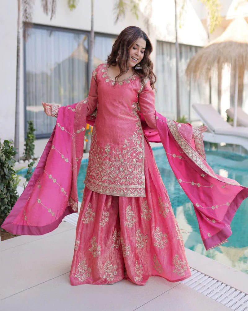 Womenline Peach Color Fendi Crush Embroidered Plazzo Suit
