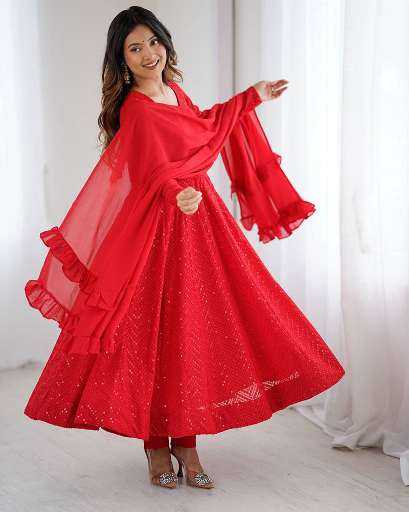 Womenline Designer Red Color Georgette Lucknowi Three Piece Anarkali Suit