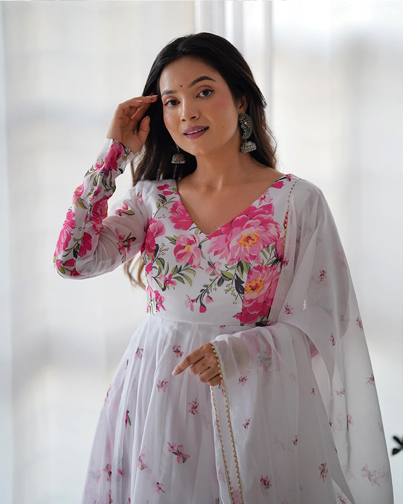 Womenline White Organza Silk Floral Print Three Piece Anarkali Suit