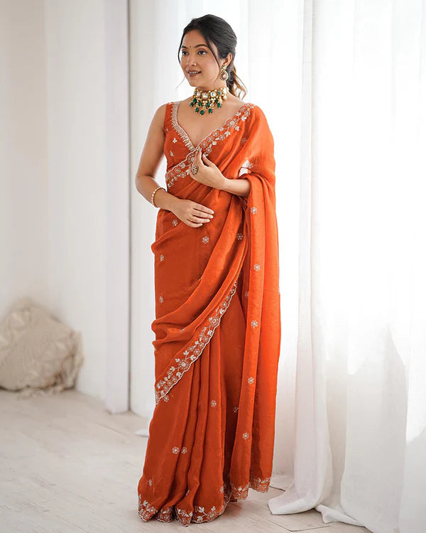 Womenline Rust Orange Color Fendi Silk Embroidered Saree