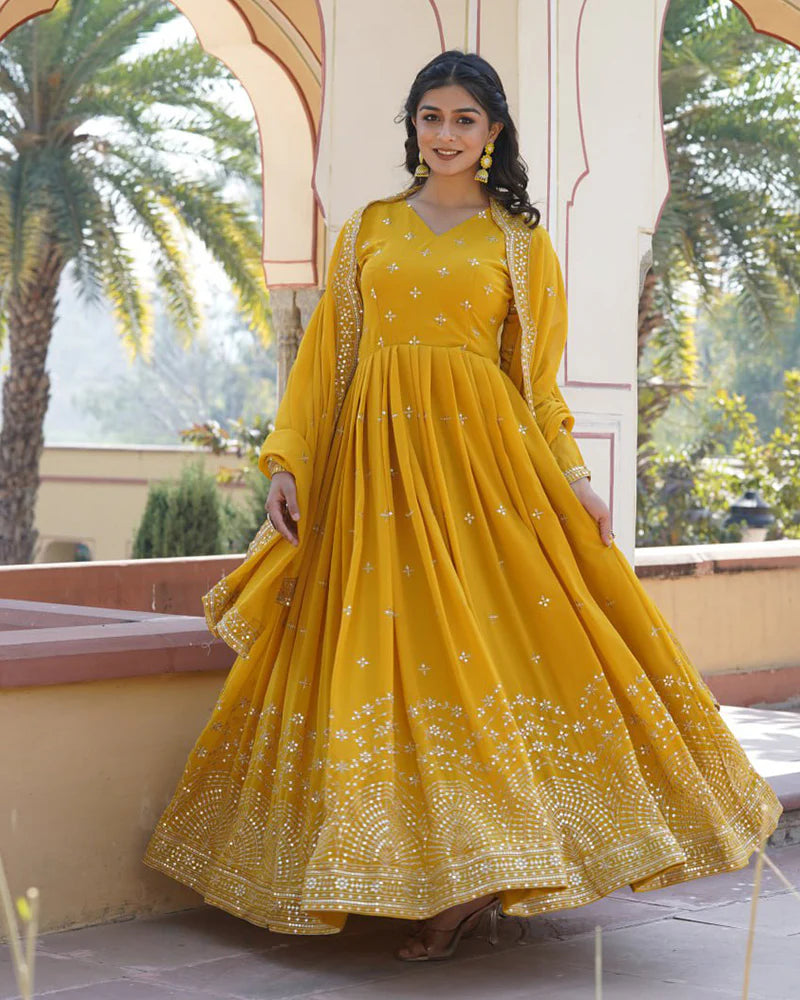 Womenline Yellow Color Full Flair Anarkali Gown With Embroidered Dupatta