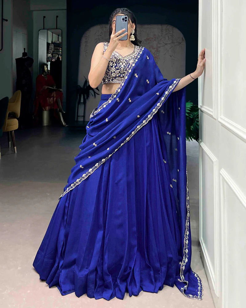 Womenline Royal Blue Color P.C. Kashmiri Embroidered Lehenga Choli