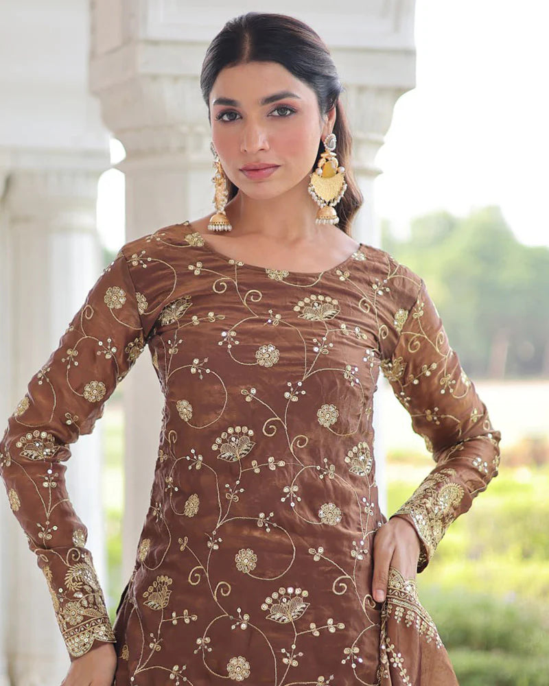 Womenline Coffee Color Fendi Silk Embroidered Sharara Suit