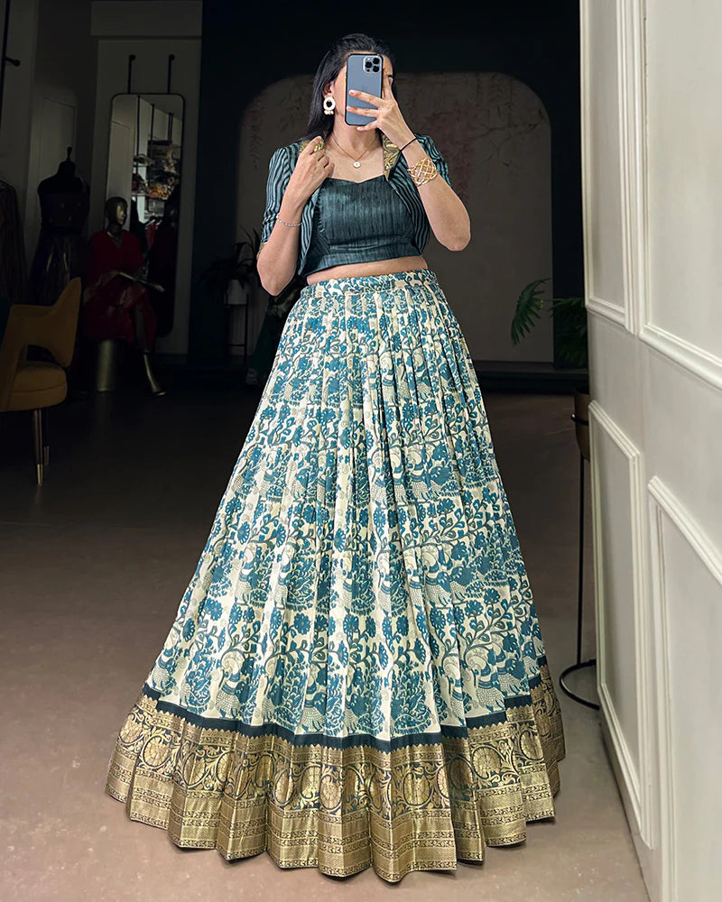 Womenline Sky Blue Color Tasar Silk Viscose Printed Lehenga Choli