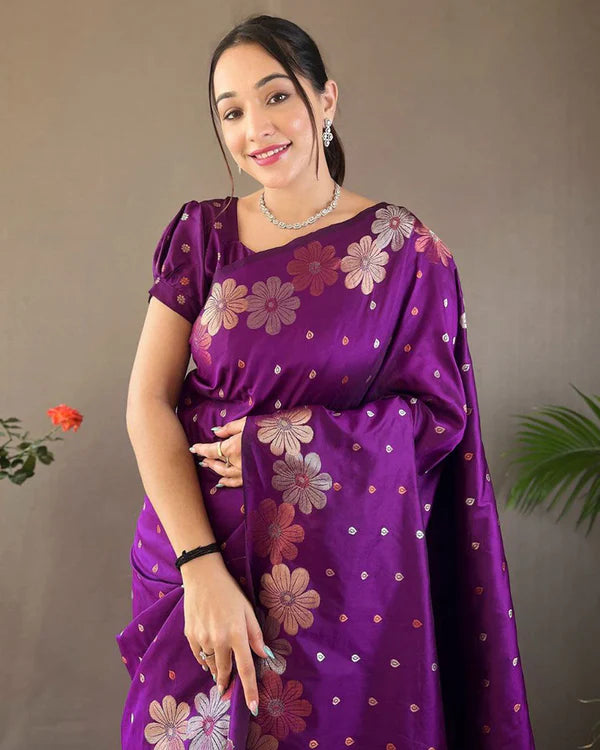 Womenline Jacquard Design Purple color Soft Lichi Silk Saree