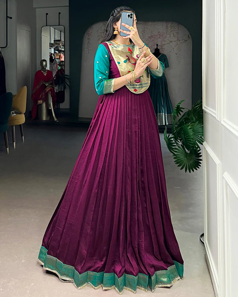 Womenline Wine Color Vichitra Silk Zari Weaving Gown
