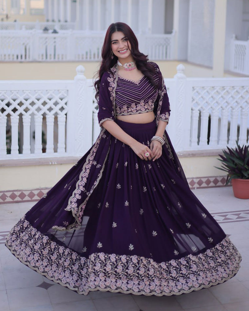 Womenline Royal Purple Color Blooming Embroidered Lehenga Choli