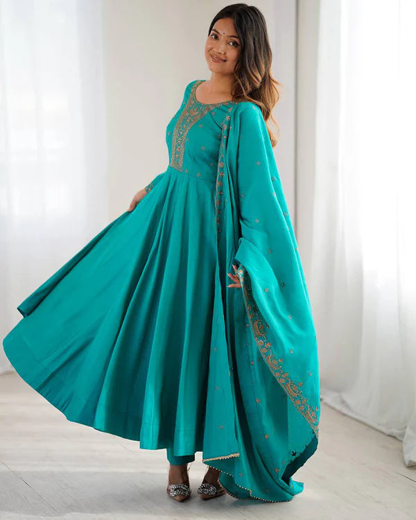 Womenline Rama Color Pure Chanderi Silk Three Piece Anarkali Suit