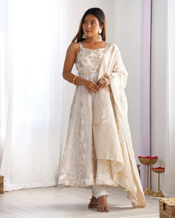 Womenline Off-White Color Banarasi Jacquard Silk Anarkali Suit
