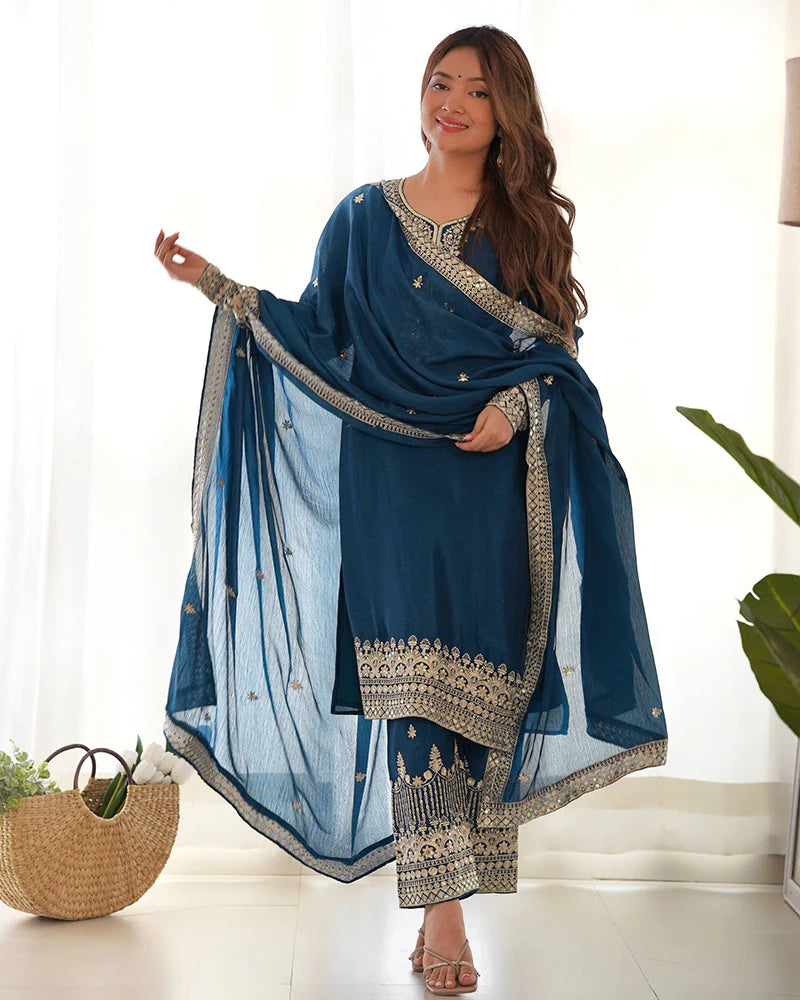 Womenline Morpich Color Pure Chinon Silk Three Piece Kurti Suit