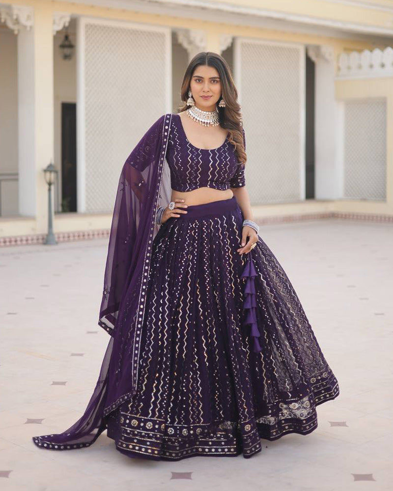 Womenline Wine Color Blooming Soft Georgette Heavy Embroidery Threaded Semi Stitched Lehenga Choli