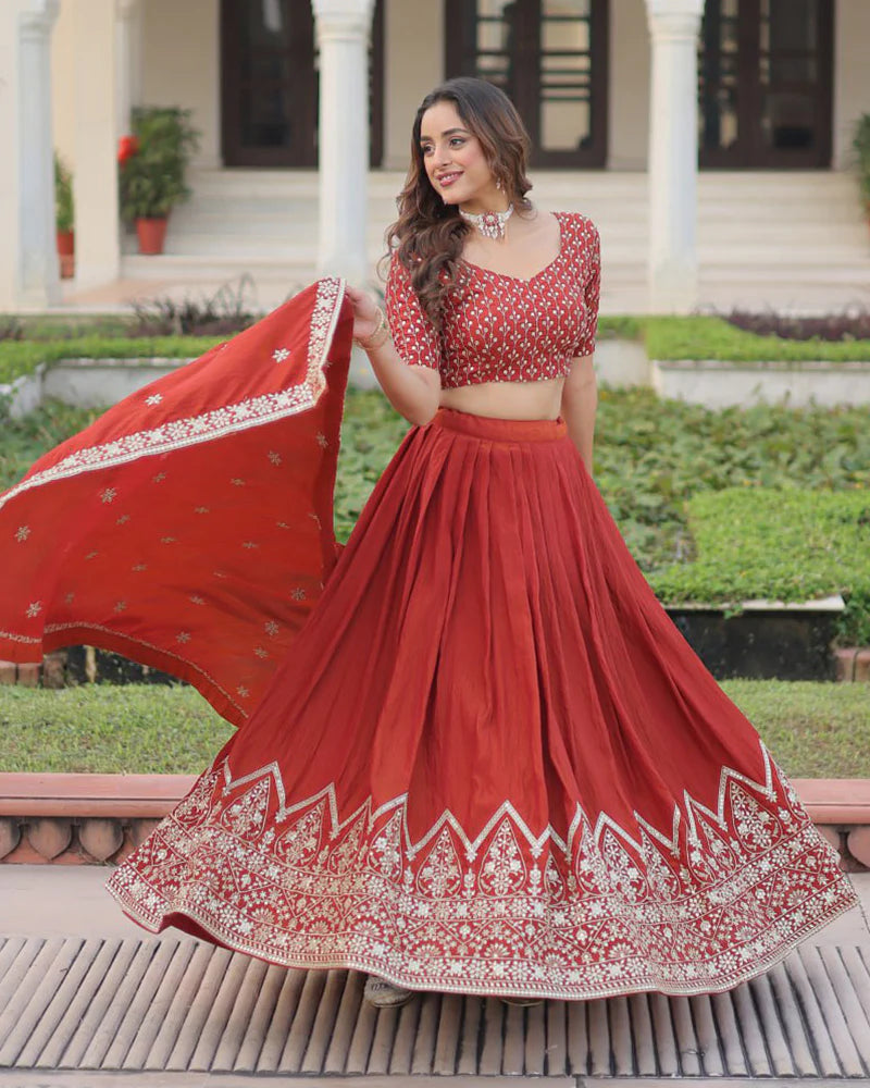 Womenline Rust Orange Color Vichitra Silk Embroidered Lehenga Choli