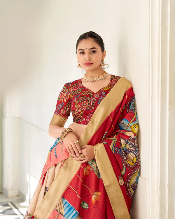 Womenline Cream Color Dola Silk Designer Kalamkari Print Half Saree