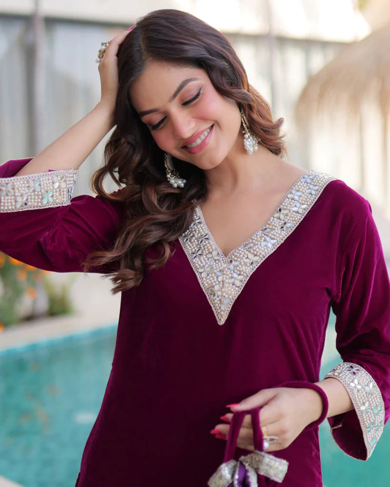 Womenline Wine Color Ice Velvet Embroidered Plazzo Suit