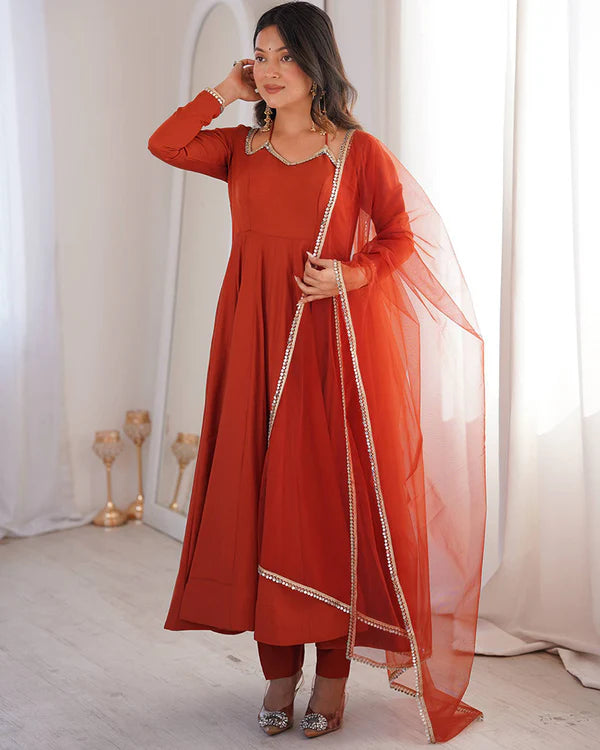 Womenline Rust Orange Color Chanderi Roman Silk Three Piece Anarkali Suit