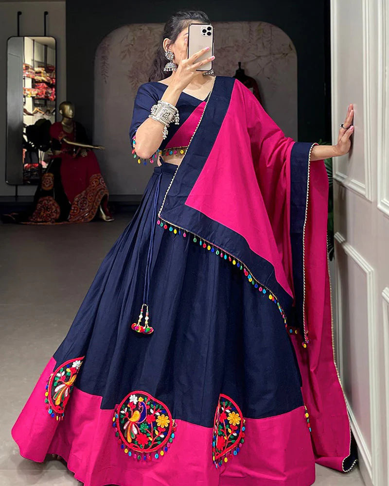 Womenline Navy Blue Color Pure Cotton Gamthi Work Navratri Lehenga Choli