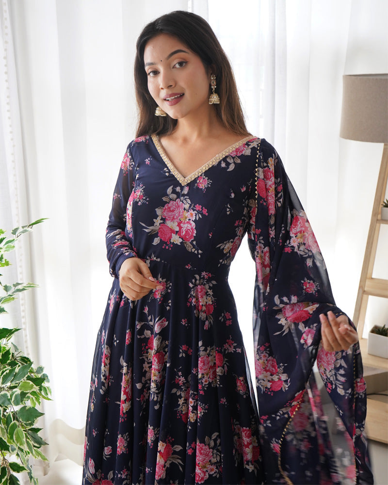 Womenline Floral Navy Blue Color Pure Soft Georgette Anarkali Suit