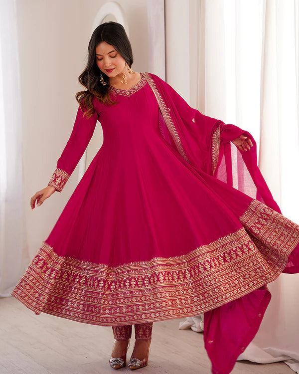Womenline Rani Pink Color Blooming Vichitra Silk Anarkali Suit