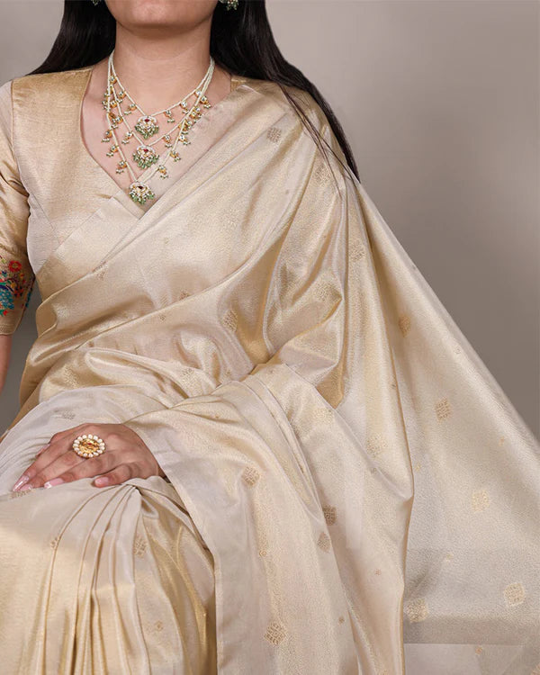 Womenline Cream Color Zari Weaving Tissue Paithani Saree