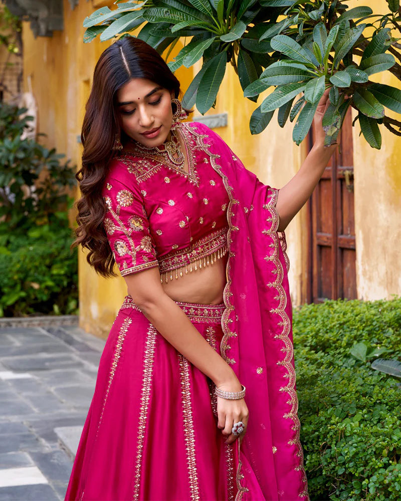 Womenline Rani Pink Color Natural Silk Embroidered Lehenga Choli