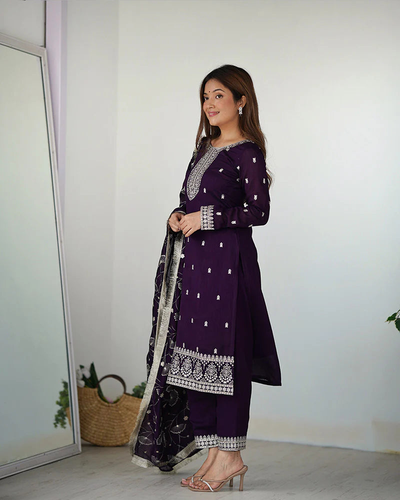 Womenline Purple Color Rangoli Silk Three Piece Kurti Suit