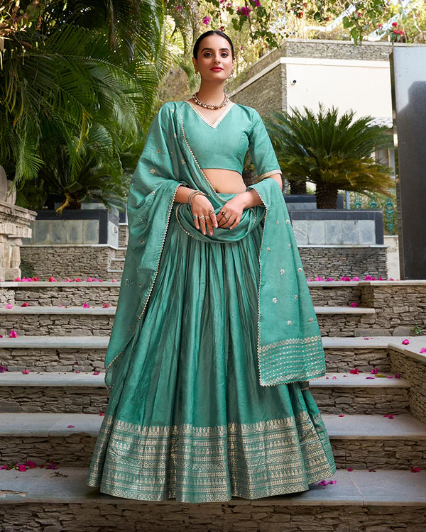 Womenline Sea Green Color Pure Chanderi Plain Navratri Half Saree