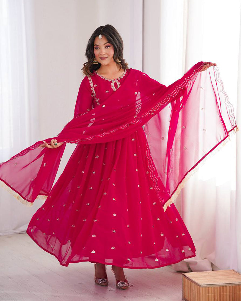 Womenline Rani Pink Color Soft Georgette Embroidered Anarkali Suit