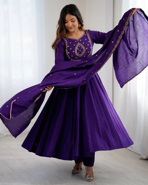 Womenline Purple Color Chanderi Silk Three Piece Anarkali Suit