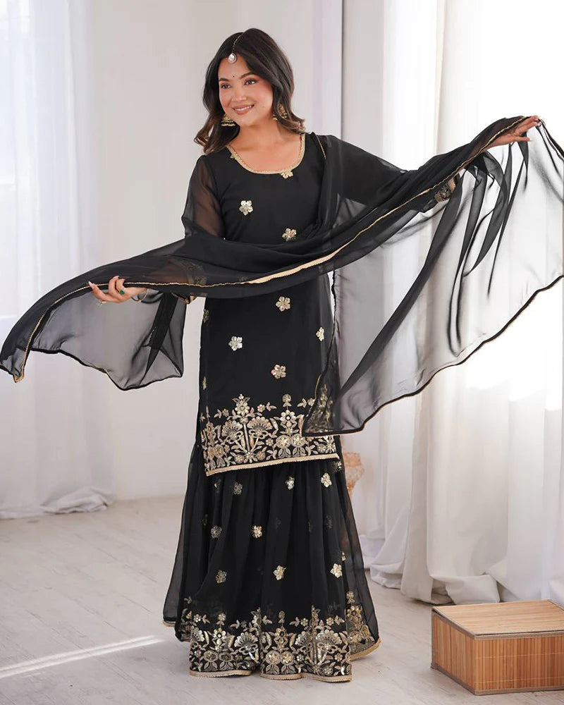 Womenline Black Color Soft Georgette Embroidered Sharara Suit