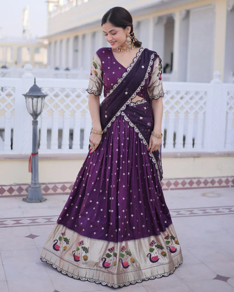Womenline Wine Color Dola Silk Embroidered Lehenga Choli