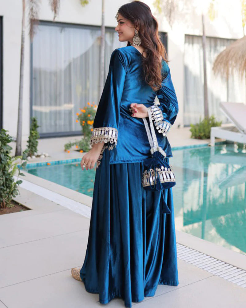 Womenline Peacock Blue Color Ice Velvet Embroidered Plazzo Suit