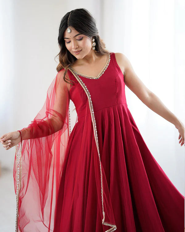 Womenline Maroon Color Chanderi Pure Roman Silk Anarkali Suit