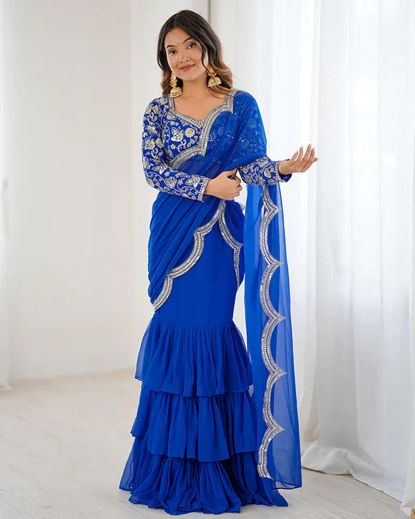 Womenline Blue Color Faux Georgette Ruffle Lehenga Saree