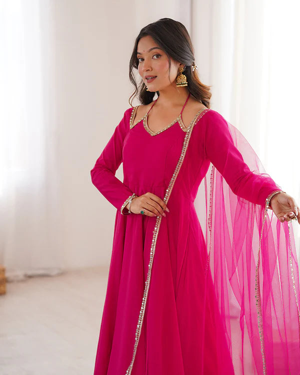Womenline Rani Pink Color Chanderi Roman Silk Three Piece Anarkali Suit