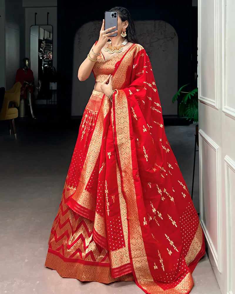 Womenline Red Color Banarasi Silk Zari Weaving Lehenga Choli