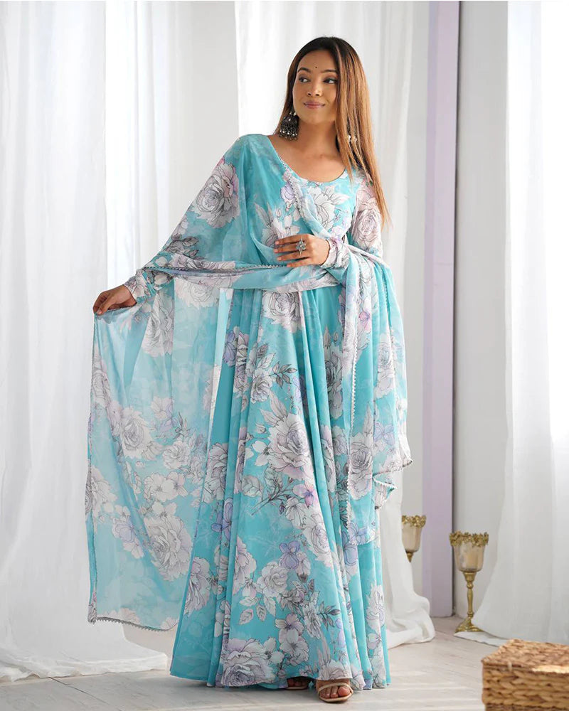 Womenline Sky Blue Color Georgette Floral Printed Gown