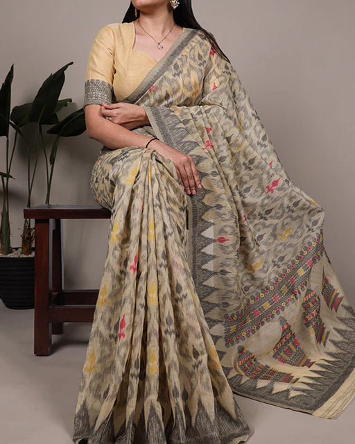 Womenline Cream Color Thread Weaving Poly Cotton Saree
