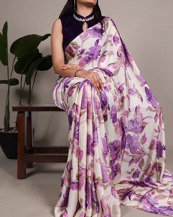 Womenline Purple Color Satin Silk Floral Printed Saree