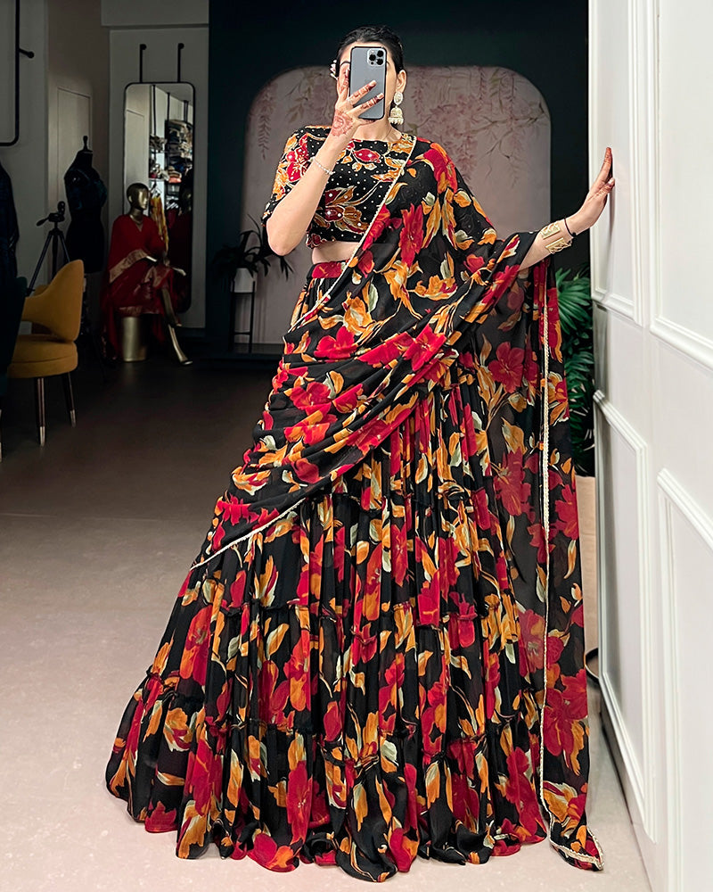 Womenline Black Color Marble Floral Printed Lehenga Choli