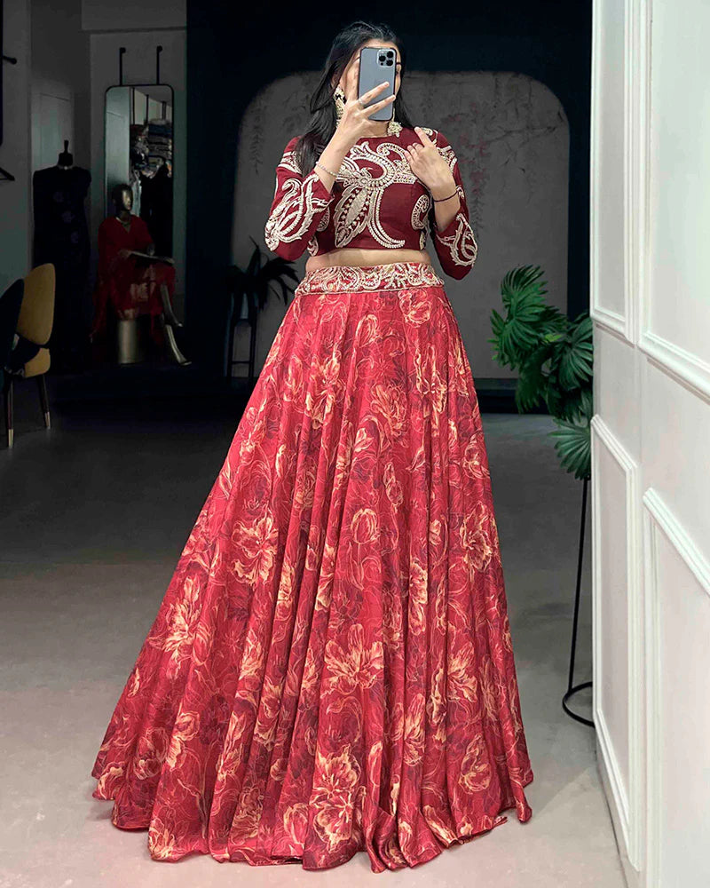 Womenline Red Color Tasar Silk Printed Embroidered Lehenga Choli