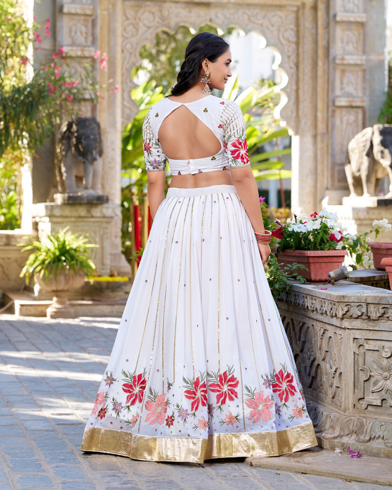 Womenline White Color Georgette Thread Embroidered Lehenga Choli