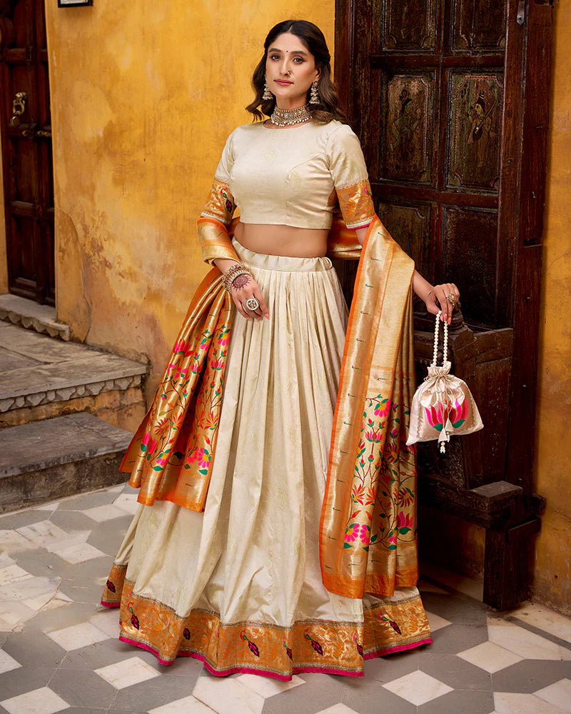 Womenline Off-White Color Paithani Silk Zari Weaving Lehenga Choli