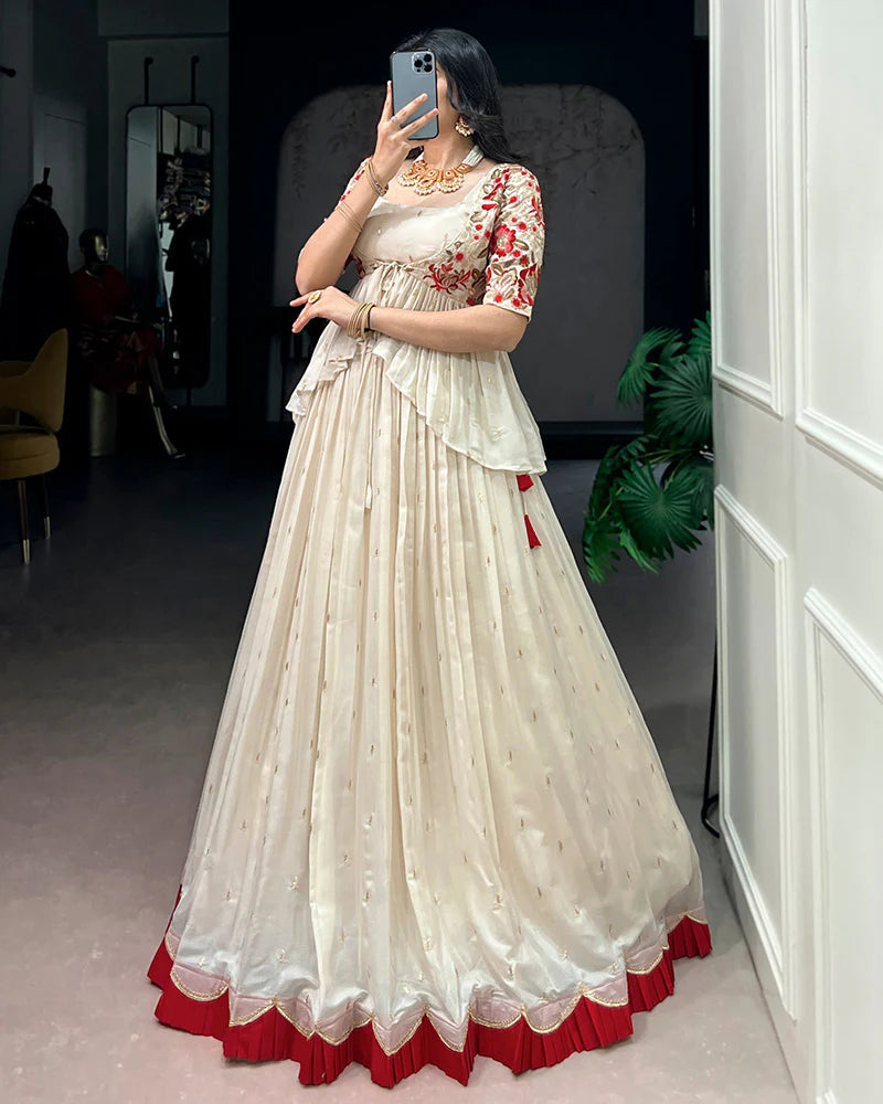 Womenline Off-White Color Chocolate Silk Embroidered Lehenga Choli