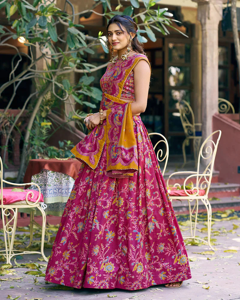 Womenline Pink Color Tasar Silk Foil Printed Lehenga Choli