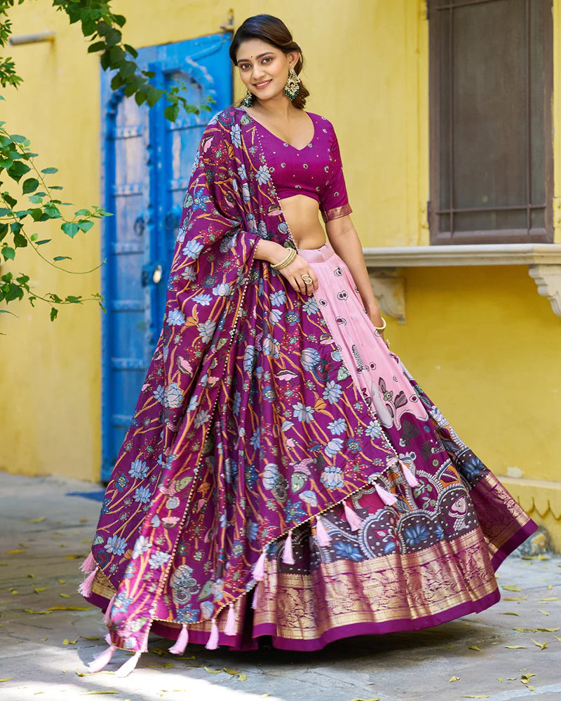 Womenline Light Pink Color Tussar Silk Kalamkari Printed Lehenga Choli